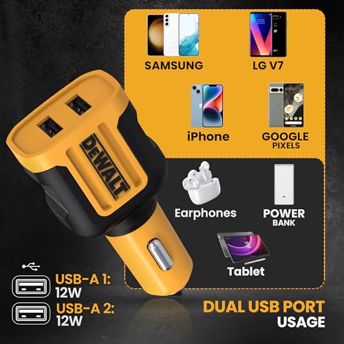 DEWALT Heavy Duty USB Car Charger Adapter, 24W, Cigarette Lighter Adapter - size: 2-Ports-USB A