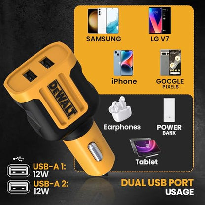 DEWALT Heavy Duty USB Car Charger Adapter, 24W, Cigarette Lighter Adapter - size: 2-Ports-USB A