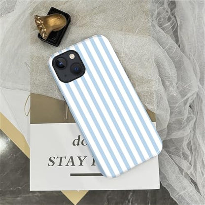 Compatible with iPhone 13/14 Case,Glossy 2-in-1 Sleek All-Inclusive Dual-Layer Material Soft TPU + PC Back for Blue Stripes Geometric Pastel Summer Beach - color: Blue Stripes Geometric Pastel Summer Beach-Glossy, size: iPhone 13/14