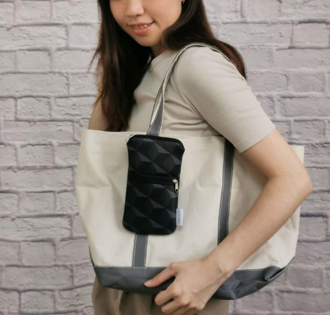 Tainada 2-Zip Phone Case Bag w/Belt Loop, Neck Strap (Black Gray Geometric) | For Men/Women; Water-resistant neoprene pouch, shockproof, lightweight, w/carabiner; Compatible with most of smartphones - color: Black Gray Circle Pattern