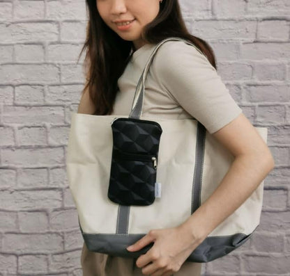 Tainada 2-Zip Phone Case Bag w/Belt Loop, Neck Strap (Black Gray Geometric) | For Men/Women; Water-resistant neoprene pouch, shockproof, lightweight, w/carabiner; Compatible with most of smartphones - color: Black Gray Circle Pattern