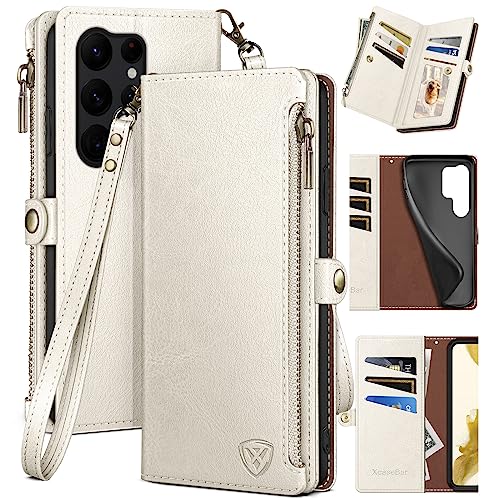 XcaseBar for Samsung Galaxy S24 Ultra Wallet case with Zipper Credit Card Holder RFID Blocking,Flip Folio Book PU Leather Shockproof Protective Cover Women Men for Samsung S24Ultra Phone case White - color: White Case