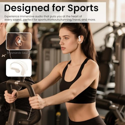Piluyaa Open Ear Bluetooth 5.3 Earbuds, Wireless Headphones Sport Over Earphones Built-in Mic with Ear Hooks, 58H Playtime Ear Buds Fast Charging, IPX7 Waterproof for Running/Workout-Off White - color: OFF WHITE