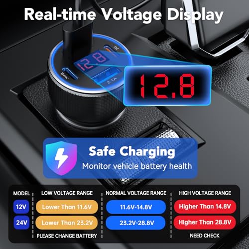 Car Charger USB C Fast Charge 78W 4-Port Cigarette Lighter USB Charger - color: Black-1Pc