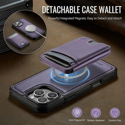 WJX for iPhone 16 Pro MagSafe Wallet Case, 2-in-1 Detachable Luxury Card Holder, Universal MagSafe Compatible, RFID Blocking, Shockproof Kickstand Slim Cover， Grape Purple - color: Grape purple, size: iPone 16 Pro
