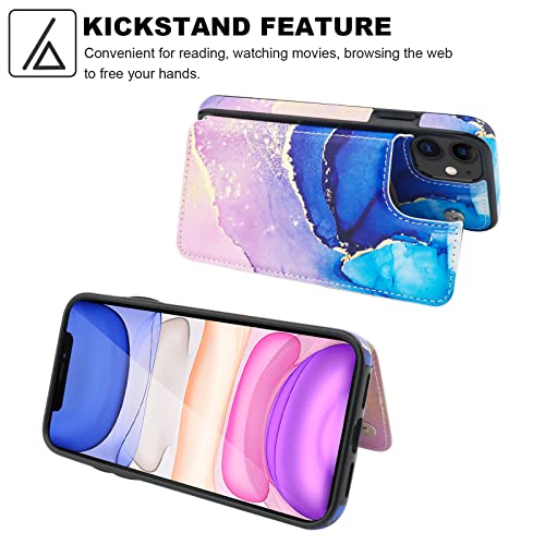 HAOPINSH for iPhone 11 Wallet Case with Card Holder, Blue Purple Marble Pattern Back Flip Folio PU Leather Kickstand Card Slots Case for Women Girls, Double Magnetic Clasp Shockproof Cover 6.1" - color: Blue Purple Marble