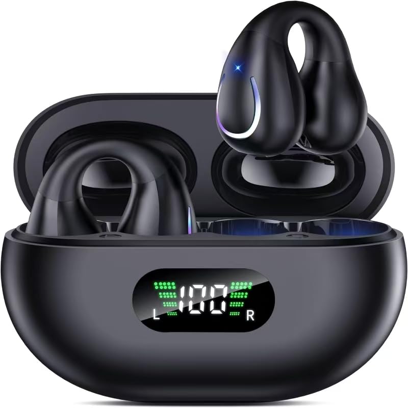 Open Ear Bone Conduction Headphones Bluetooth 5.3Wireless Clip On Earbuds with Digital Display Charging Case 80 Hours Playtime Sport Earphones Built-in Mic IPX7Waterproof for Running Fitness Exercise
