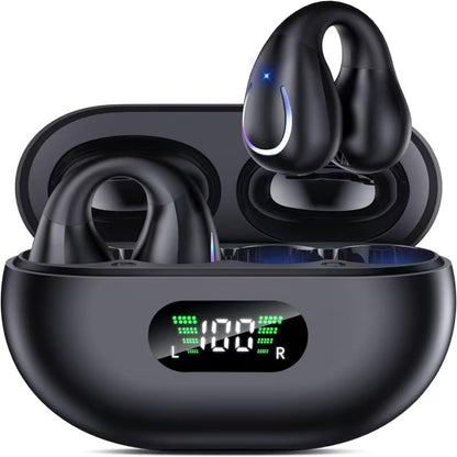 Open Ear Bone Conduction Headphones Bluetooth 5.3Wireless Clip On Earbuds with Digital Display Charging Case 80 Hours Playtime Sport Earphones Built-in Mic IPX7Waterproof for Running Fitness Exercise