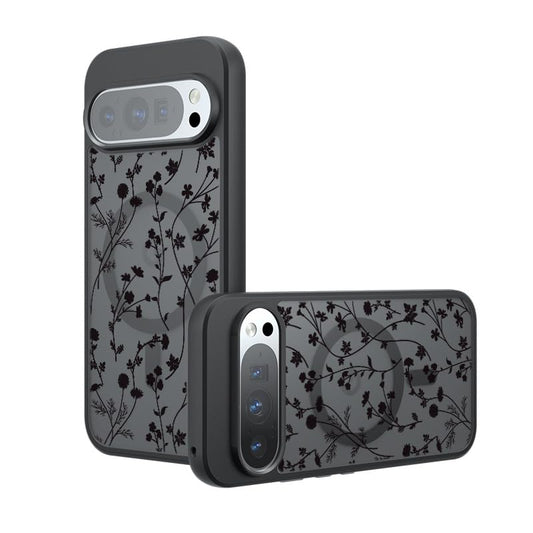 Magnetic Case for Google Pixel 9/9 Pro [Compatible with MagSafe] Cute Black Flower Floral Pattern Case for Women Girls Soft TPU Bumper Hard PC Back Anti-Fall Shockproof Protective Slim Cover - color: Flower Branch 2, size: Google Pixel 9/9Pro