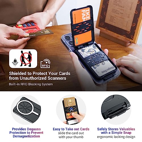 PROfezzion Double Side Magnetic Phone Card Holder Wallet for MagSafe, Black | Black, RFID Blocking, Compatible with iPhone 17 16 15 14 13 12 Pro Max, Holds 4-Cards, Secure Snap Latch, Adjustable Stand - color: BLACK