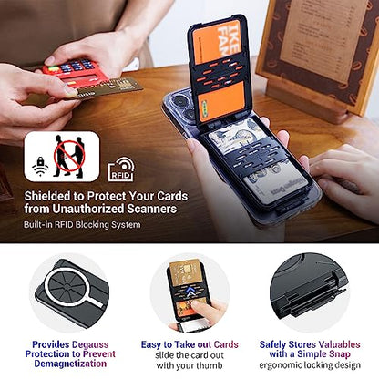 PROfezzion Double Side Magnetic Phone Card Holder Wallet for MagSafe, Black | Black, RFID Blocking, Compatible with iPhone 17 16 15 14 13 12 Pro Max, Holds 4-Cards, Secure Snap Latch, Adjustable Stand - color: BLACK