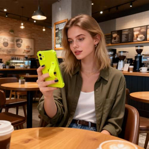 Compatible for iPhone 12 Case with Strap Holder Stand - Neon Green | Wristband Kickstand, Clear Soft TPU, Adjustable Finger Hand Grip Loop, Shockproof Bumper Rugged Cover - color: Neon Green, size: iPhone 12 6.1"
