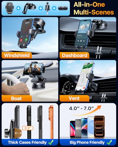 YRU 2026【100+LBS Suction & Flexible Low-Profile Arm】 Car Phone Holder Mount - color: Dark Black