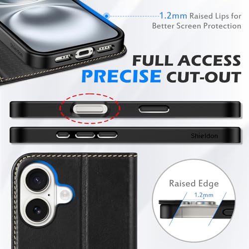SHIELDON Genuine Leather Wallet Case for iPhone 16 6.1" 2024, Retro Black | Magnetic Closure, RFID Blocking, Credit Card Holder, Kickstand, Folio Design, Shockproof Phone Cover for Men Women - color: Retro Black