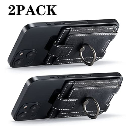 2Pcs RFID Leather Card Holder for Phone, Stick-On Wallet with Ring | Phone Wallet Stick On Back Of Phone Case. Adhesive For iPhone Wallet Holds Credit Cards/ID/Pockets. Viewing Freely Ring Stand - color: Black+Black