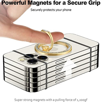 Allengel Magnetic Phone Grip for Mag Safe, Magnetic Ring Holder Compatible with Mag Safe Phone Ring, 360°Rotating Finger Kickstand for iPhone 17 16 Pro Max 15 14 13 12 & Android(Gold Bling Silver) - color: gold bling silver