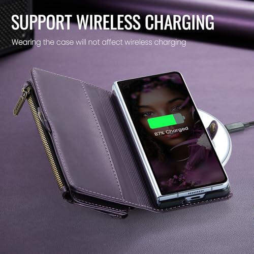 Defencase for Samsung Galaxy Z Fold 6 Wallet Case with Card Holder, Purple | Durable Soft PU Leather, RFID Blcking Zipper Pocket, with S-Pen Holder & Strap, Flip Phone Cases with Stand for Women Men - color: Aesthetic Purple