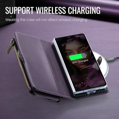 Defencase for Samsung Galaxy Z Fold 6 Wallet Case with Card Holder, Purple | Durable Soft PU Leather, RFID Blcking Zipper Pocket, with S-Pen Holder & Strap, Flip Phone Cases with Stand for Women Men - color: Aesthetic Purple