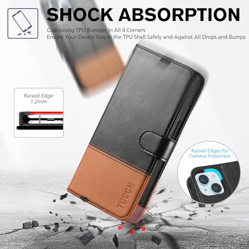 TUCCH Wallet Case for iPhone 15 (6.1") 2023, 4 Card Slots, Black & Brown | RFID Blocking, Viewing Stand, Shockproof TPU Shell, PU Leather, Magnetic Closure, Protective Folio Flip Cover - color: Black & Brown