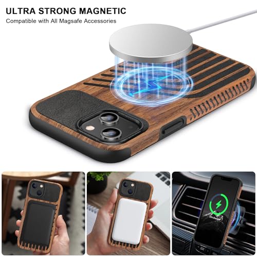 TENDLIN Magnetic Case Compatible with iPhone 14 Case Wood Grain with Carbon Fiber Texture Design Leather Hybrid Slim Cover (Compatible with MagSafe) Hairline - color: Magnetic Hairline, size: iPhone 14