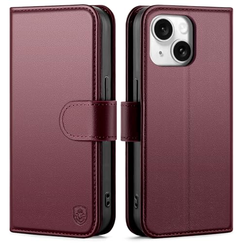 Compatible with iPhone 14 Genuine Leather Case Wallet with Card Holder,Women Men Real Leather Flip Folio RFID Blocking Credit Card Slots Kickstand Phone Cover,for Apple 14 6.1",Wine Red - color: Wine Red, size: iPhone 14 - 6.1"