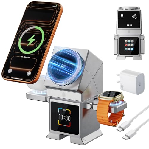 7-in-1 Robot Wireless Charging Station, Qi2.2 25W Magnetic Wireless Charger for iPhone 18-12 Series, AirPods & iWatch, Auto-Rotating Stand, Bluetooth Speaker & 2" Smart Display, 45W Adapter Included - color: Silver-T6D