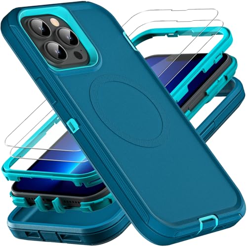YKHJKLEC for iPhone 13 Pro Max Case, Compatible with Magsafe, Military Grade 3 in 1 Heavy Duty Shockproof/Drop Proof/Dust Proof Case with 2Pcs Tempered Glass Screen Protector (New-Blue/Turquoise) - color: New-Blue/Turquoise