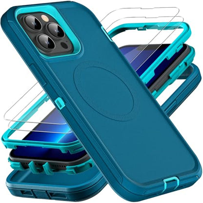 YKHJKLEC for iPhone 13 Pro Max Case, Compatible with Magsafe, Military Grade 3 in 1 Heavy Duty Shockproof/Drop Proof/Dust Proof Case with 2Pcs Tempered Glass Screen Protector (New-Blue/Turquoise) - color: New-Blue/Turquoise