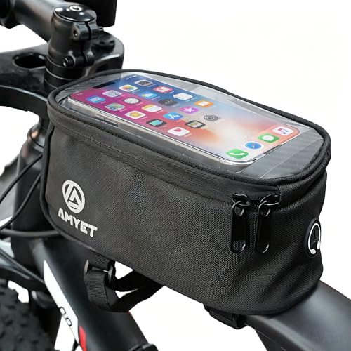 AMYET WB01 Large Waterproof Bike/Bicycle Phone Front Frame Bag,Water-resistant Tube Bag Phone Holder with Touchscreen & Storage,Cycling Pouch, Navigation Bike Accessories for Phone Under 7", Black