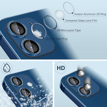Camera Lens Protector Compatible for iPhone 12/12 Mini/11 Camera Cover Tempered Glass,HD Anti-Scratch Full Cover Metal Ring Ultra Thin/Clear - Shiny Blue