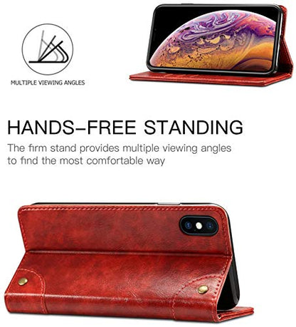 SINIANL iPhone Xs Case, iPhone X Case, Leather Wallet Folio Case Book Design Flip Cover with Stand and ID Credit Card Slot Magnetic Closure for iPhone Xs/X - color: Red, size: iPhone X / XS (5.8 inch)
