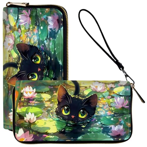 Ladies Wallet,Clutch Purses for Women Wallets Leather Credit Card Holder for Women Wristlet Slim Small Cute with Zipper,Thin RFID Blocking with Wrist Strap,Cute Cat Lotus - color: Cute Cat Lotus