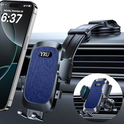 YRU [2026 Ultimate Car Phone Holder Mount [Bendable & Adjustable Aluminum Arm] Cell Phone Holder for Car Dashboard Windshield Phone Stand for iPhone 17 16 15 14 Pro Max Samsung Pickup Truck, Dark Blue - color: Dark Blue