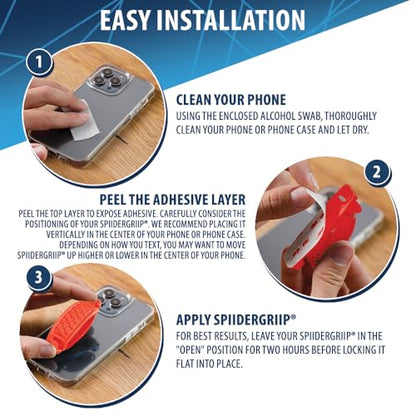 SpiiderGriip 360 Rotating Phone Grip – Flat-Fold Kickstand & Secure Strap – Works with iPhone, Android, Tablets & Cases – Comfortable & Durable (Red) - color: Red