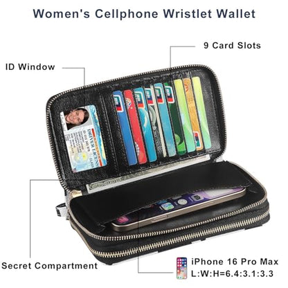 RFID Wallet for Women with Cellphone Pocket - Double Zipper Wristlet Purse Large Capacity, 17 Card Slots, Coin Pocket, ID Window, Cow Print - color: Cow