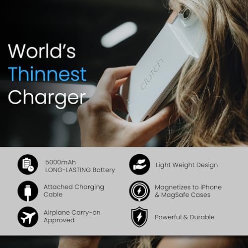 Clutch Pro – World's Thinnest iPhone Charger – Portable Power Bank 5000mAh – Magnetic Built-in Lightning Cable – TSA Approved Travel Charger – iPhone 14 & Earlier – White - color: White