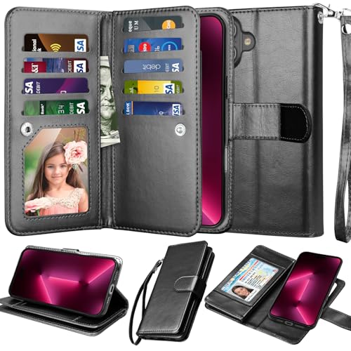 NJJEX Case Compatible for iPhone 16 6.1" 2024, for iPhone 16 Wallet Case, [9 Card Slots] PU Leather Card Holder Folio Flip [Detachable] Kickstand Magnetic Phone Cover & Lanyard for iPhone 16 [Black] | PU leather folio flip, detachable magnetic phone cover