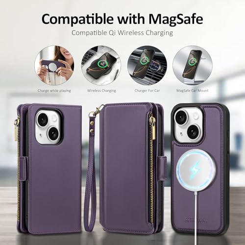 Antsturdy Compatible with MagSafe iPhone 14 Wallet Case,Purple | Detachable Magnetic Credit Card Holder,RFID Blocking,PU Leather Zipper Purse,Wrist Strap Kickstand,Flip Phone Cover for Women - color: (Detachable with Magsafe)-Purple