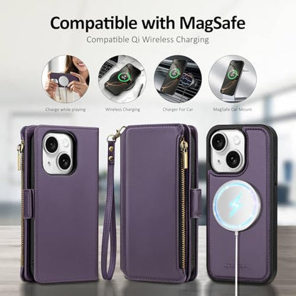 Antsturdy Compatible with MagSafe iPhone 14 Wallet Case,Purple | Detachable Magnetic Credit Card Holder,RFID Blocking,PU Leather Zipper Purse,Wrist Strap Kickstand,Flip Phone Cover for Women - color: (Detachable with Magsafe)-Purple