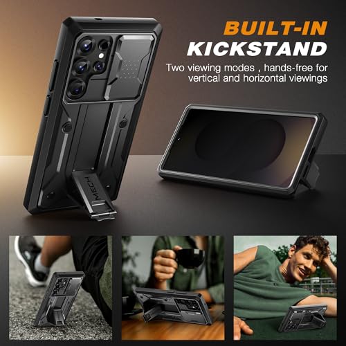 TONGATE for Samsung Galaxy S24 Ultra Case, 2 Front Frames & Stand, Black | Built-in Slide Camera Cover & Screen Protector, Military Grade Shockproof S24 Ultra Phone Case with Kickstand & Belt-Clip - color: Black