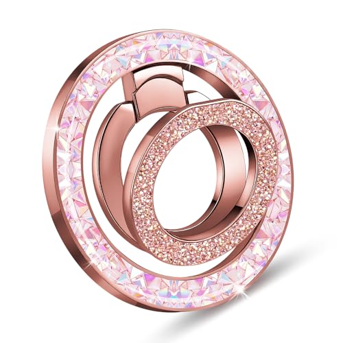 Bling Double Phone Ring Holder, Crystal Magnetic Phone for MagSafe Grip with 360° Rotating Adjustable Kickstand, Double Magnetic Ring Stand for iPhone 17/16/15/14/13/12 Series, Rose Gold - color: rose gold