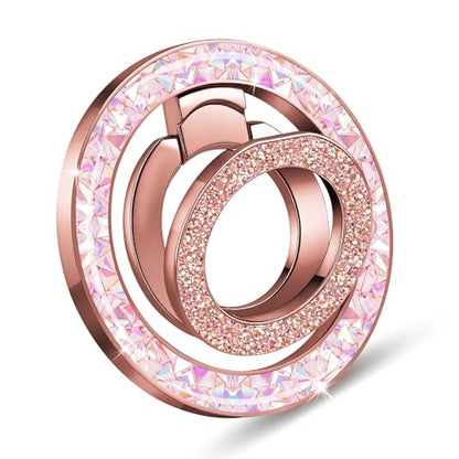 Bling Double Phone Ring Holder, Crystal Magnetic Phone for MagSafe Grip with 360° Rotating Adjustable Kickstand, Double Magnetic Ring Stand for iPhone 17/16/15/14/13/12 Series, Rose Gold - color: rose gold