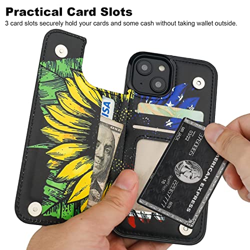 HAOPINSH for iPhone 14 Wallet Case with Card Holder, American Flag Sunflowers Pattern Back Flip Folio PU Leather Kickstand Card Slots Case for Women Girls, Double Magnetic Clasp Shockproof Cover 6.1" - color: American Flag Sunflowers
