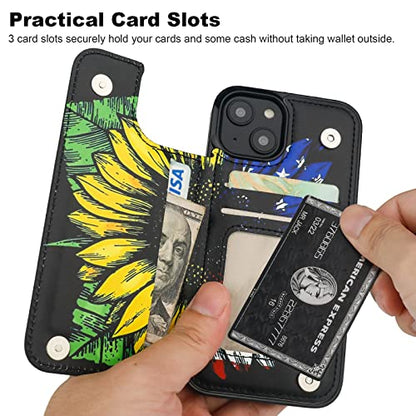 HAOPINSH for iPhone 14 Wallet Case with Card Holder, American Flag Sunflowers Pattern Back Flip Folio PU Leather Kickstand Card Slots Case for Women Girls, Double Magnetic Clasp Shockproof Cover 6.1" - color: American Flag Sunflowers