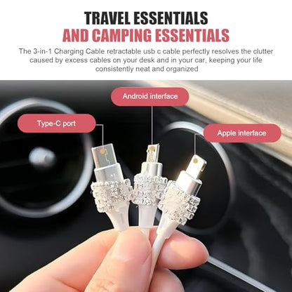 Multi Charging Cable, 3 in 1 Retractable Car Charger, Fast Charging Data Car Cable with Type-C/Lightning/Micro USB Connectors, Universal for Mobile Devices (Pink)
