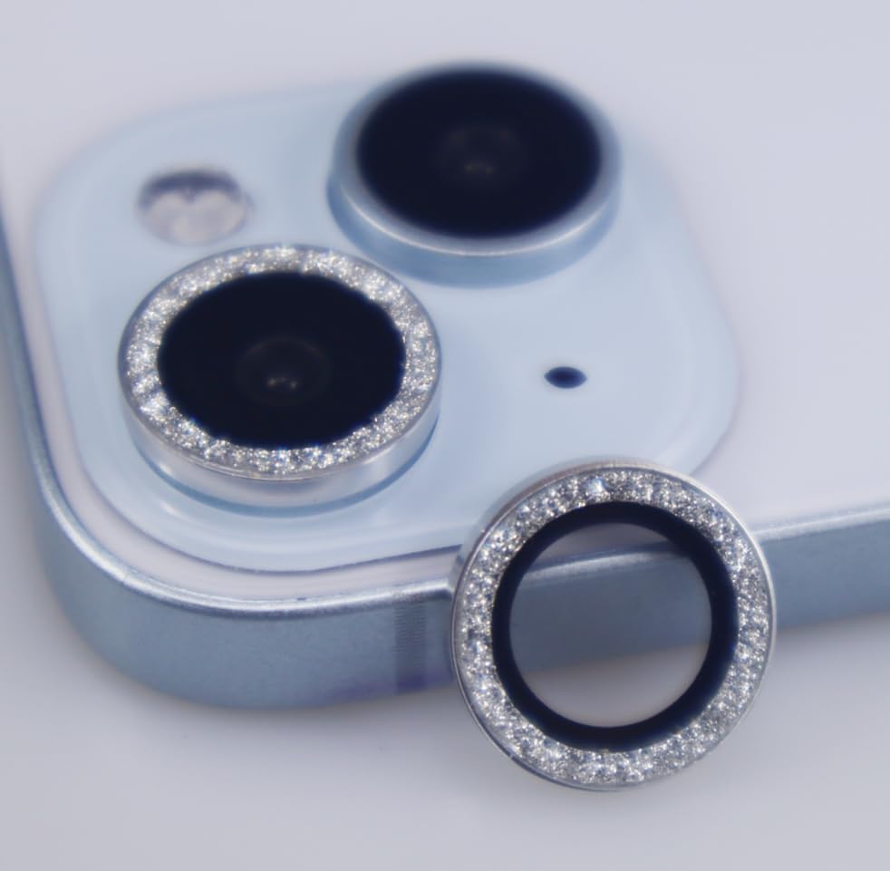 BONVAN for iPhone 15/15 Plus Camera Lens Protector Bling Glitter Metal Crystal Tempered Glass Screen Accessories Sparkly Lens Cover, also Compatible with iPhone 16e (2PCS) (Silver) - color: Silver