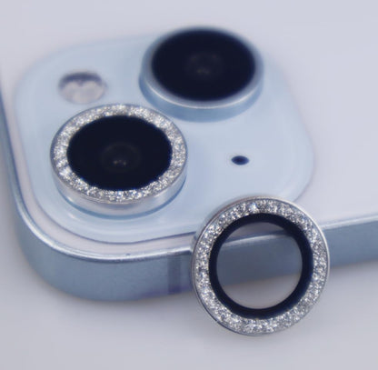 BONVAN for iPhone 15/15 Plus Camera Lens Protector Bling Glitter Metal Crystal Tempered Glass Screen Accessories Sparkly Lens Cover, also Compatible with iPhone 16e (2PCS) (Silver) - color: Silver