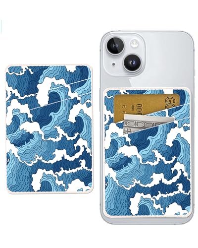 Dual Pocket Leather Phone Wallet Adhesive Stick On, Cute Card Holder for Most Phone Cases - Blue Sea - color: Cute Blue Sea