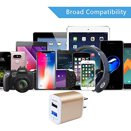 USB Power Adapter, Wall Plug Ailkin 2-Pack 5V/2.1A Fast Charging Cell Phone - color: Gold