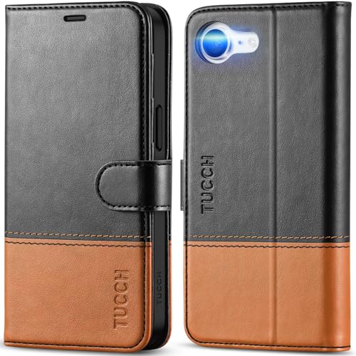 TUCCH Wallet Case for iPhone 17e 16e 6.1", Flip Stand, Black & Light Brown | RFID Blocking, 4 Card Holders, Kickstand, PU Leather, Shockproof TPU Shell, Magnetic Closure, Protective Folio Cover - color: Two-tone Black & Light Brown